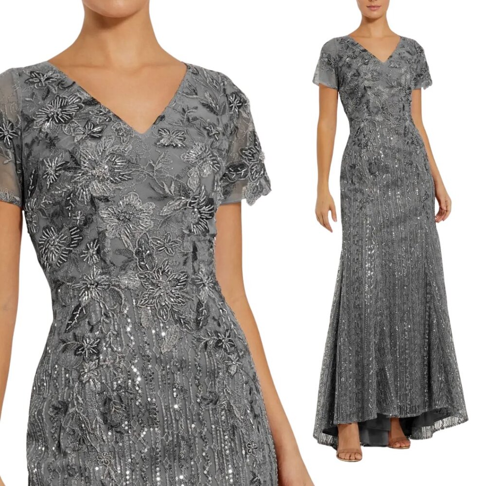 Mac Duggal 20282 Size 10 Gray Silver Beaded V-Neck Trumpet Gown Long Maxi Dress